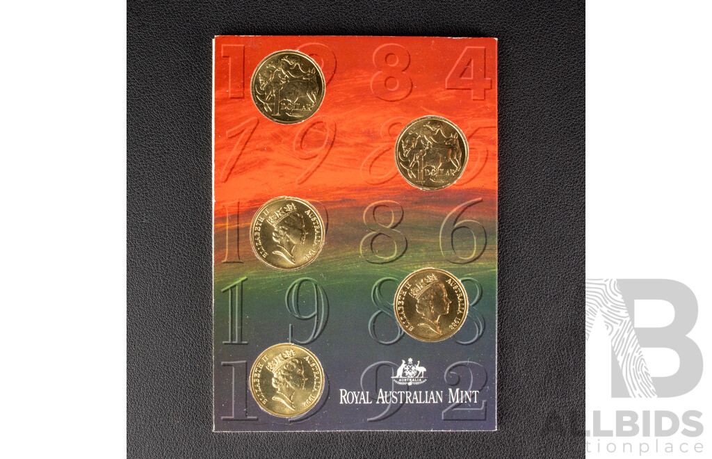 Two Australian One Dollar UNC Coin Sets Including 1984 First Year Issue, 1985, 1986 Year of Peace, 1988 Aboriginal Kangaroo, 1992 Barcelona Olympics