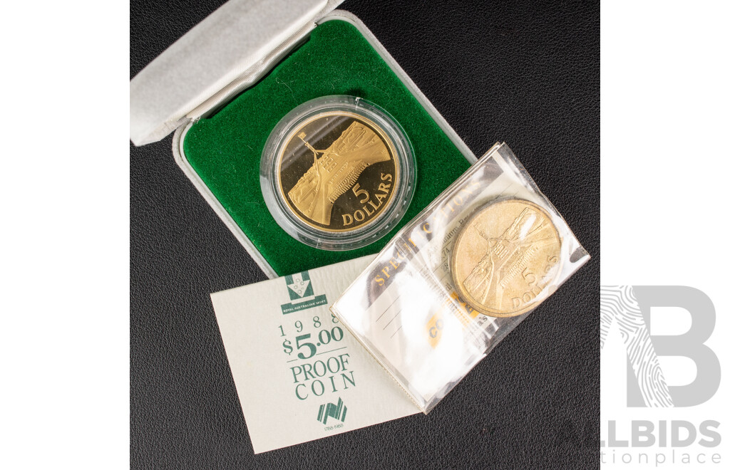 Australian RAM 1988 Proof and UNC Five Dollar Coins, Opening New Parliament House