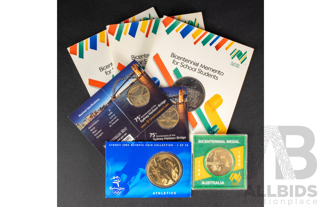 Australian 2000 Five Dollar Coin, Olympics- Athletics, Two 2007 One Dollar Coins, 75th Anniversary Sydney Harbour Bridge C Mint Marks, 1988 Bicentennial Medal and Three Student Medallions