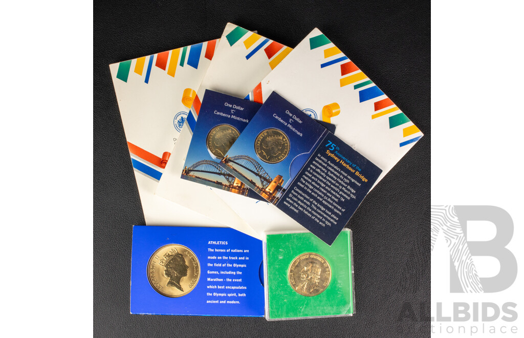 Australian 2000 Five Dollar Coin, Olympics- Athletics, Two 2007 One Dollar Coins, 75th Anniversary Sydney Harbour Bridge C Mint Marks, 1988 Bicentennial Medal and Three Student Medallions