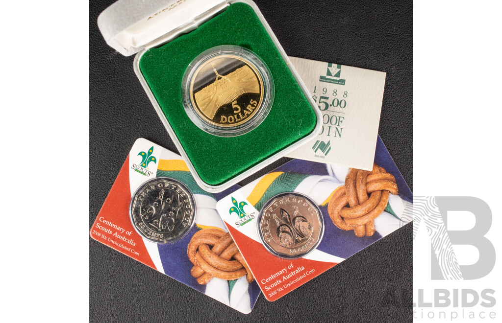 Australian RAM 1988 Proof Five Dollar Coin with Two 2008 UNC Fifty Cent Coins, Year of the Scout