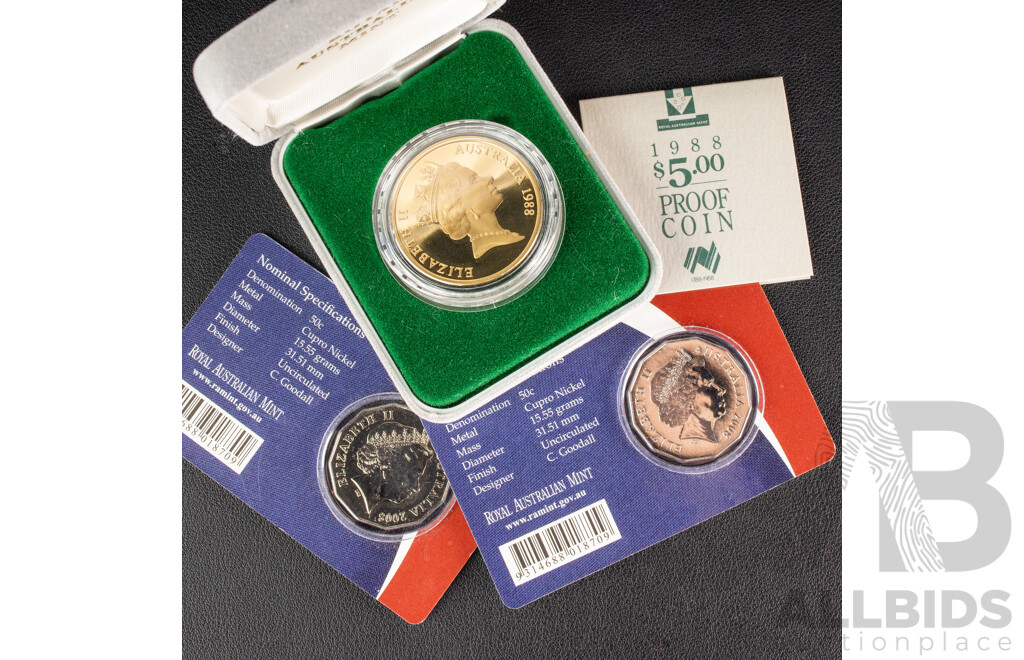 Australian RAM 1988 Proof Five Dollar Coin with Two 2008 UNC Fifty Cent Coins, Year of the Scout