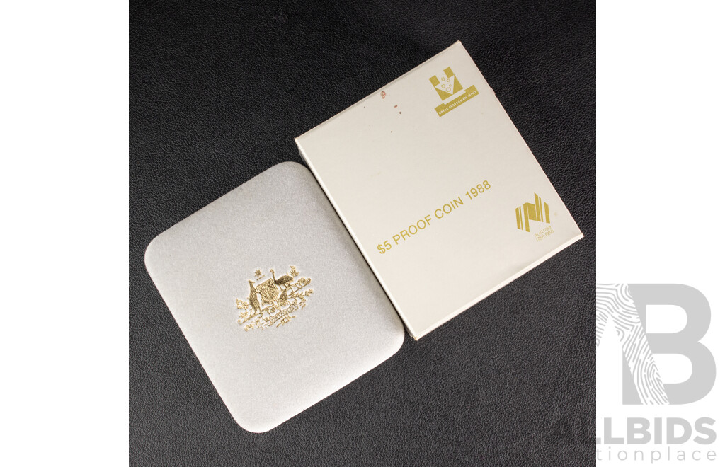 Australian RAM 1988 Proof Five Dollar Coin with Two 2008 UNC Fifty Cent Coins, Year of the Scout