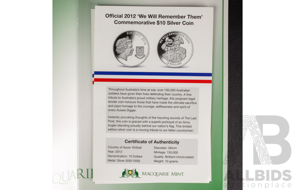 Australian Macquarie Mint 2012 Silver Ten Dollar Coin, We Will Remember Them .500