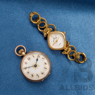 Vintage 9ct Rose Gold Open Face Pocket Watch and Ladies' Vintage Anglo-Swiss Watch - Not Working