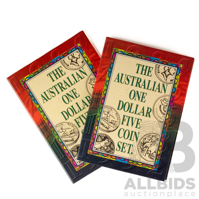 Two Australian One Dollar UNC Coin Sets Including 1984 First Year Issue, 1985, 1986 Year of Peace, 1988 Aboriginal Kangaroo, 1992 Barcelona Olympics