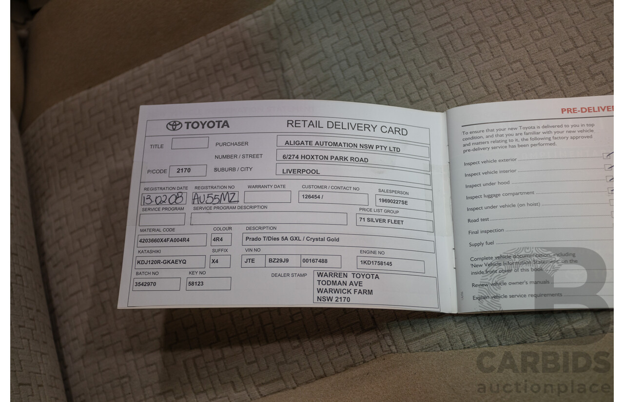 1/2008 Toyota Landcruiser Prado GXL (4x4) KDJ120R 07 UPGRADE 4d Wagon Gold Turbo Diesel 3.0L -8 Seats