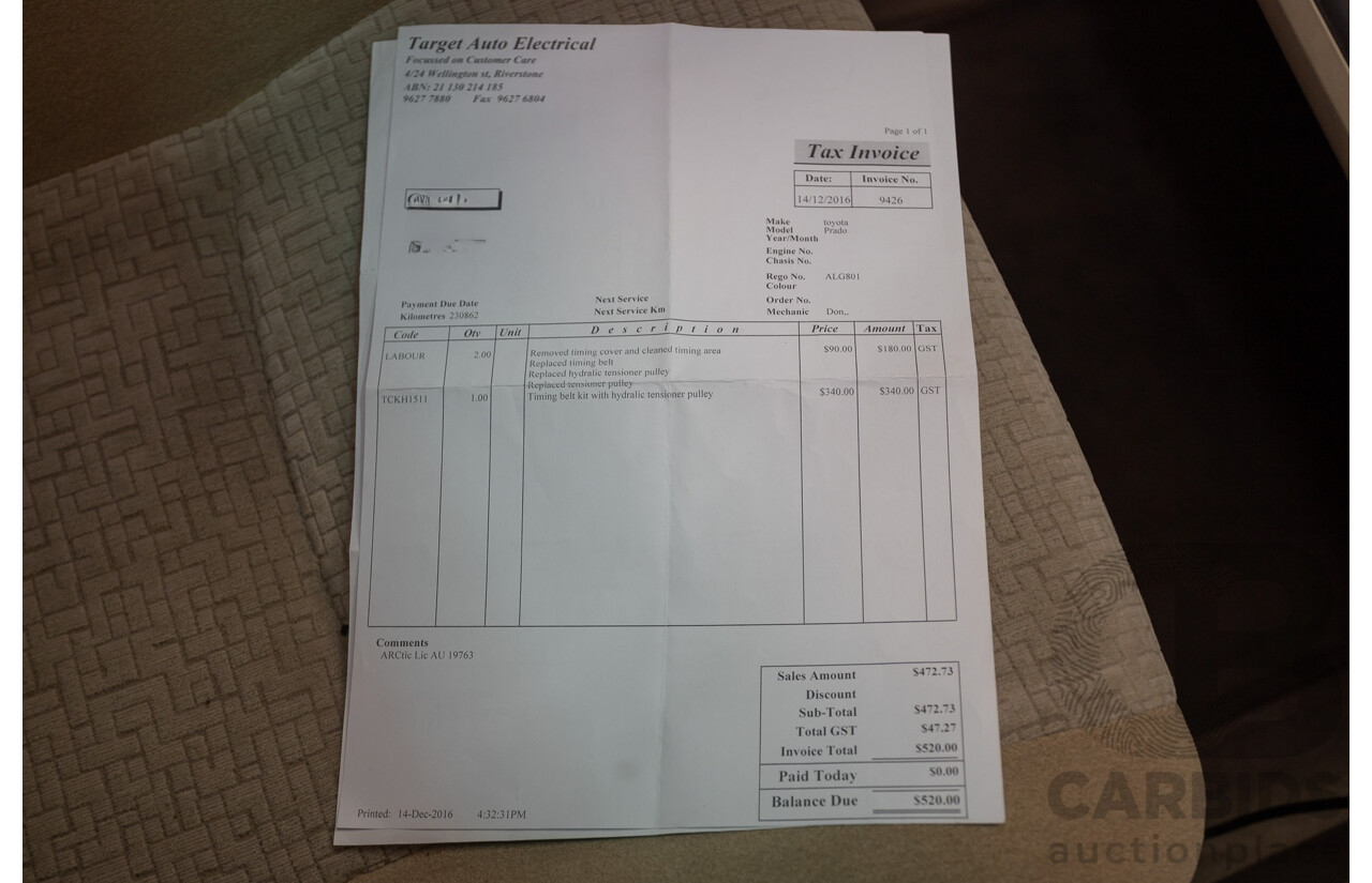 1/2008 Toyota Landcruiser Prado GXL (4x4) KDJ120R 07 UPGRADE 4d Wagon Gold Turbo Diesel 3.0L -8 Seats