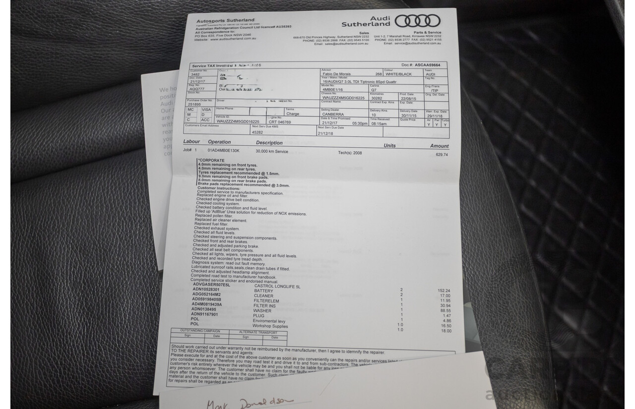 11/2015 Audi Q7 3.0 TDI Quattro (AWD) 4M 4D Wagon Pure White (200kW) Turbo Diesel 3.0L - 7 Seats