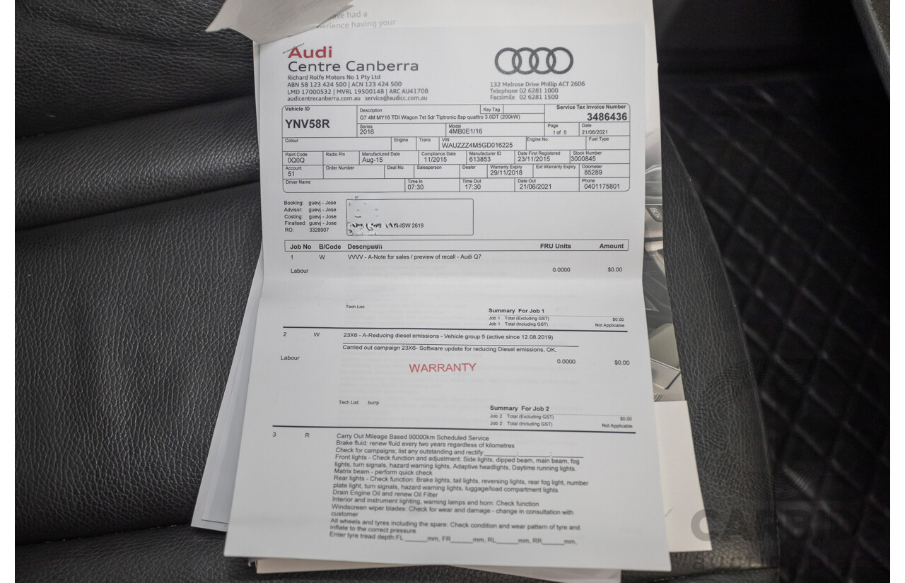 11/2015 Audi Q7 3.0 TDI Quattro (AWD) 4M 4D Wagon Pure White (200kW) Turbo Diesel 3.0L - 7 Seats