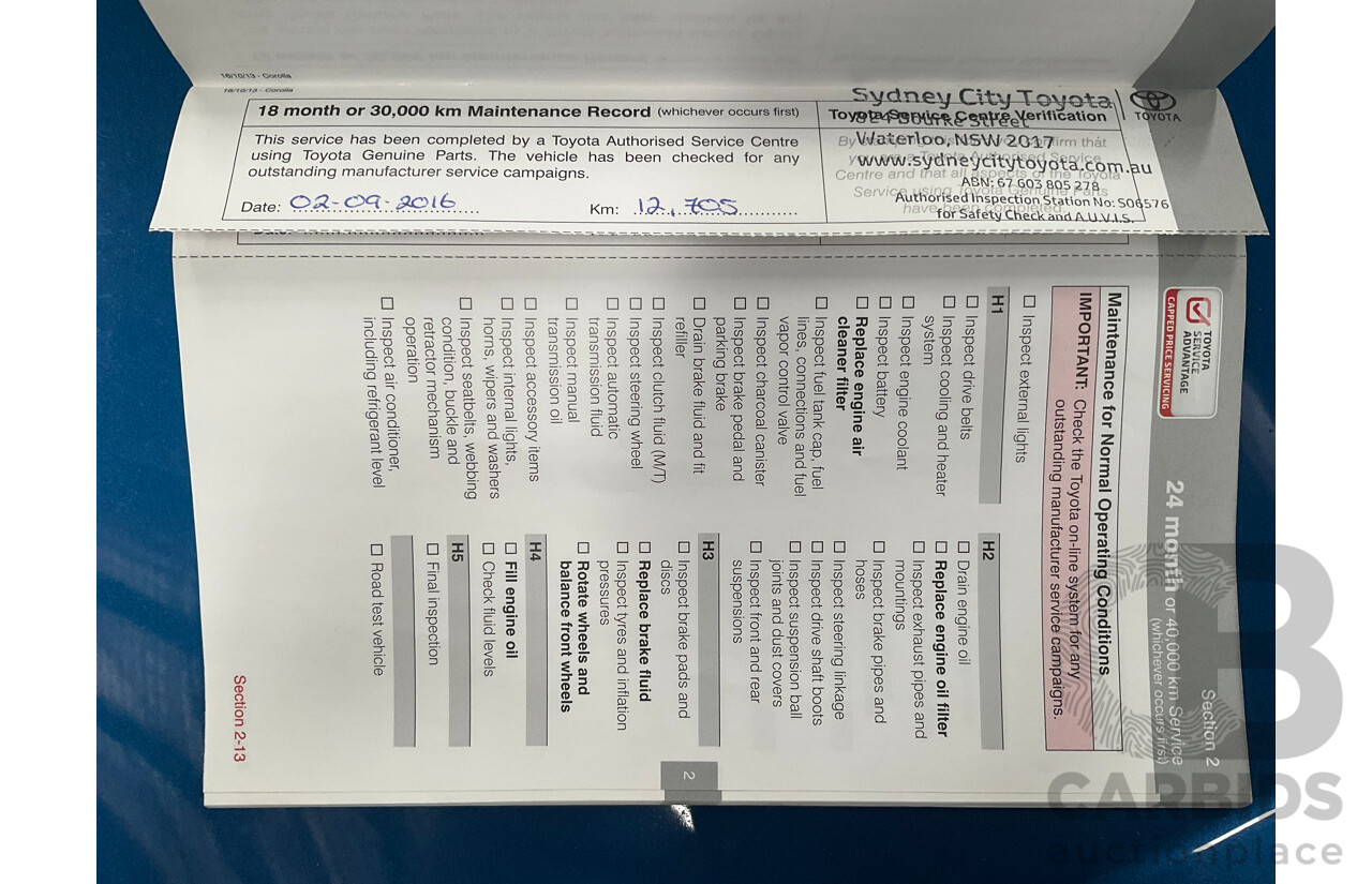 01/2015 Toyota Corolla ASCENT SPORT FWD ZRE182R 5D Hatchback Blue Streak Metallic 1.8L