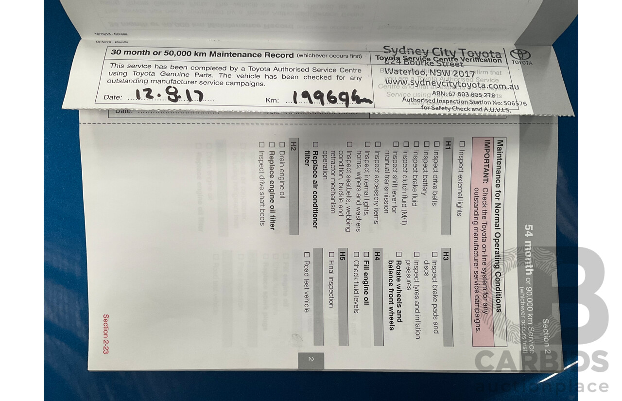 01/2015 Toyota Corolla ASCENT SPORT FWD ZRE182R 5D Hatchback Blue Streak Metallic 1.8L