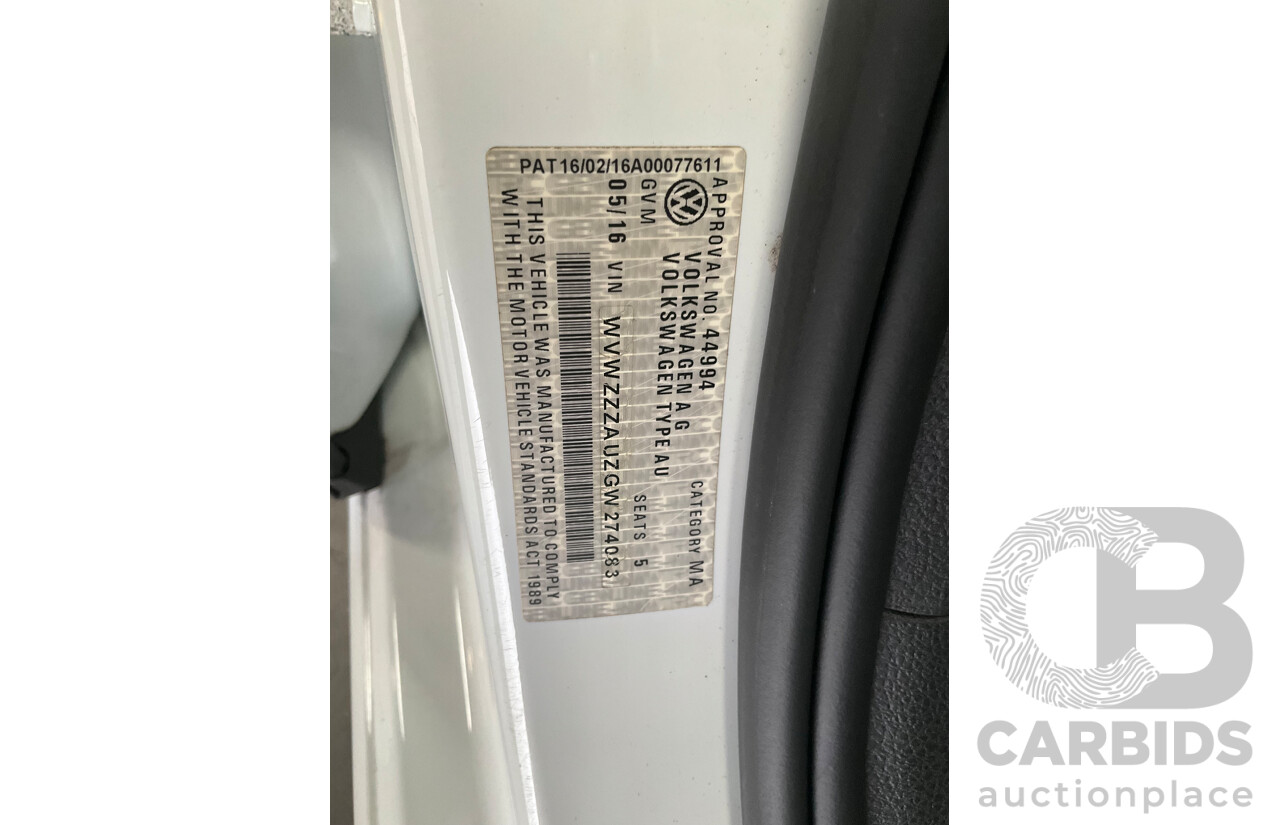 05/2016 Volkswagen Golf 92 TSI (FWD) AU MY16 5d Hatchback Pure White Turbo 1.4L