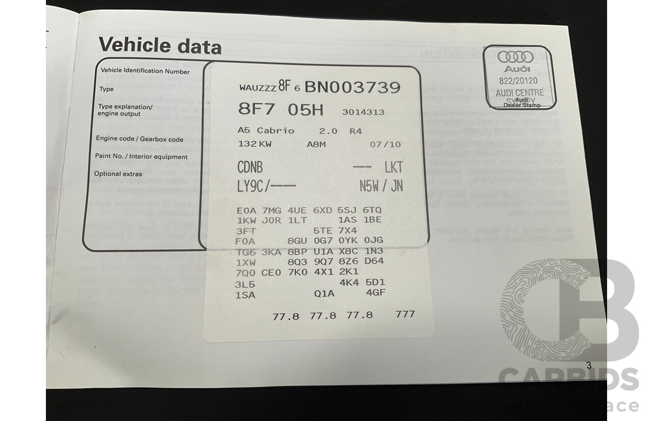 12/2010 Audi A5 2.0 TFSI 8T 2d Cabriolet Ibis White Turbo 2.0L