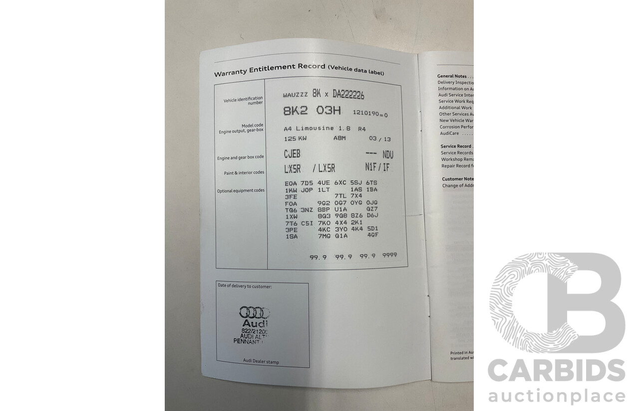 5/2013 Audi A4 1.8 TFSI B8 (8K) MY13 4d Sedan Moonlight Blue Metallic Turbo 1.8L