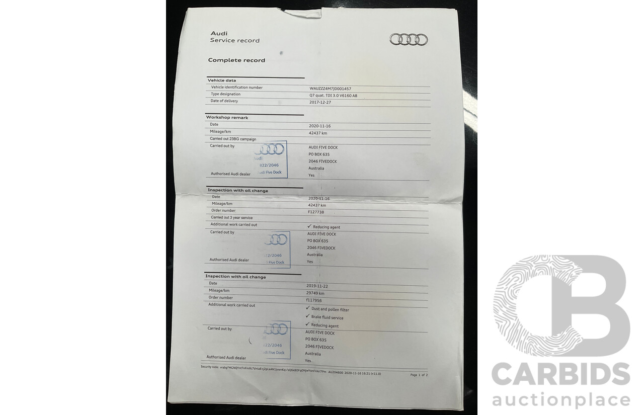 11/2017 Audi Q7 3.0 TDI Quattro (160kW AWD) 4M MY18 4d Wagon Orca Black Metallic Turbo Diesel V6 3.0L