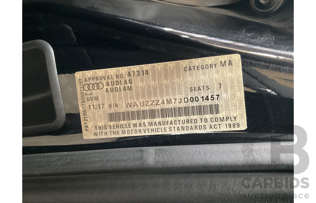 11/2017 Audi Q7 3.0 TDI Quattro (160kW AWD) 4M MY18 4d Wagon Orca Black Metallic Turbo Diesel V6 3.0L