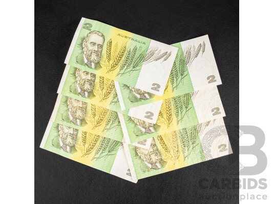 Seven Australian 1985 Two Dollar Notes, Johnston/Fraser, Several with Security Thread Variations
