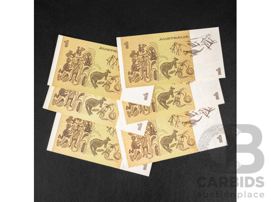 Six Australian 1982 One Dollar Notes, Johnston/Stone, Several with Security Thread Variations