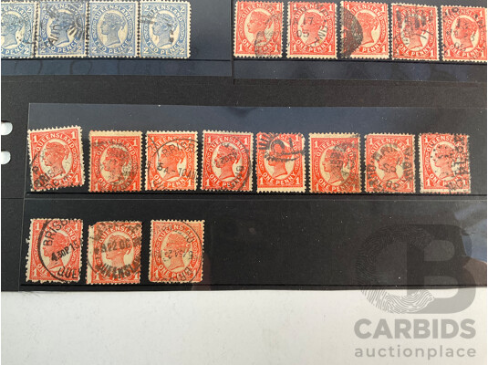 Collection of Australian Predecimal Queensland QV Stamps, Hand Cancel, Two Shillings