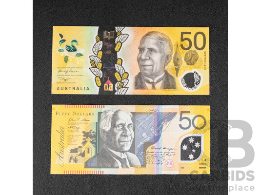 Two Australian Fifty Dollar Notes, 2020 UNC Lowe/Gaetjens Last Prefix EA 201476875, 2009 Stevens/Henry with Dropped '9' on Upper Serial QF 09705244
