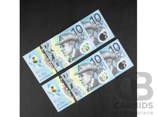 Four Australian UNC Ten Dollar Notes, Two 2017 Lowe/Fraser First Prefix Consecutive AA174480473 - AA174480474 and Two 2017 Lowe/Fraser, Consecutive DF173149191 - DF173149192