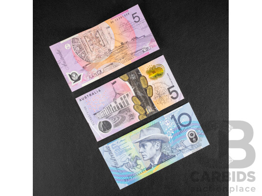 Three Australian Banknotes Including Five Dollars 2013 Stevens/Parkinson First Prefix BA13581054, 2019 Seven Digit Radar Serial BC 190075700, 2013 Ten Dollar