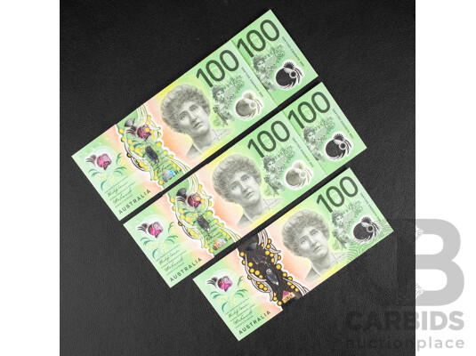 Five Australian UNC One Hundred Dollar Banknotes Including Two 2020 Lowe/Kennedy Last Prefix Consecutive EA202461871 - EA202461872, EA202387648, EA202461579, 2020 Lowe/Kennedy First Prefix AA202462487