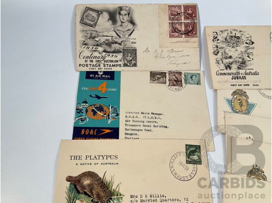 Australian First Day Covers Spanning 1917 to 1959 Including KGV, Australia's War Effort, Henry Lawson, B.O.A.C First London Sydney Flight, Two United Kingdom QV Post Cards