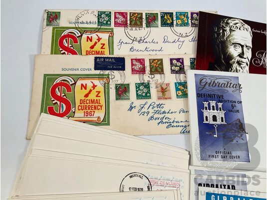 Collection of Vintage International First Day Covers Including United Kingdom, Wales, United Nations, Gibraltar, Sevilla, New Zealand