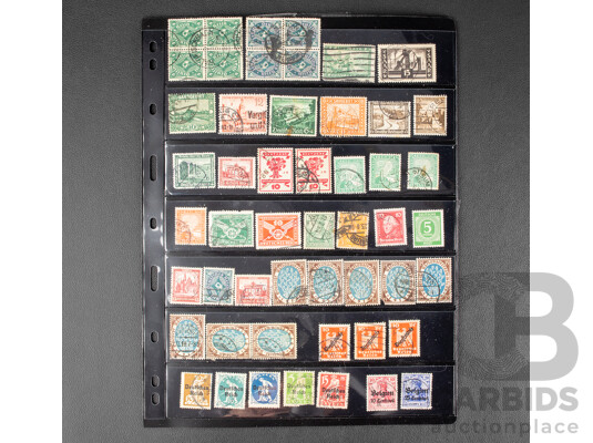 Collection of Vintage German Coins and Stamps Spanning 1870's to 1940's Including Five, Ten, Fifty Pfennig, Hindenburg, Overprints