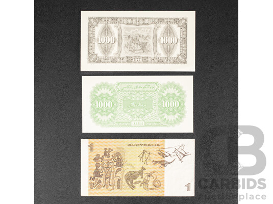 Australian 1982 One Dollar Note, Johnston/Stone with Chinese 1949 and 1951 Replica Thousand Yuan Banknotes