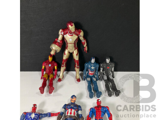 Seven Marvel Character Display Figures Including Spider Man, Captain America, Iron Man and More