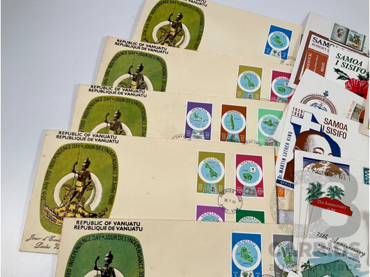 Collection of Vintage First Day Covers Including Vanuatu, Gibraltar, Samoa, Bailiwick of Guernsey, Examples Spanning 1960’s to 1980’s