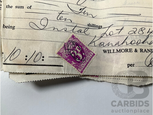 Collection of Australian New South Wales Predecimal Hand Canceled Stamp Duty Stamps Attached to Real Estate and Jewellers Receipts
