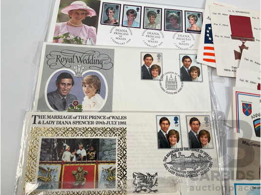 Collection of British and Commonwealth First Day Covers, Postcards and Stamps Including 1981 Royal Wedding, Rorke's Drift, New Zealand and Australian ANZAC, Scotland