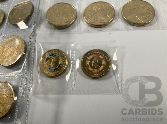 Australian Set of 50 Circulating One Dollar Coins, Consecutive 1984 to 2026, Lacking 2014, 2021 Mob of Roos, 2015 ANZAC, 2016 Fifty Years Decimal Currency, 2019 'A' 'U' 'S' with Two 2026 Two Dollar Coins, Bluey for Real Life and Bingo/Hooray