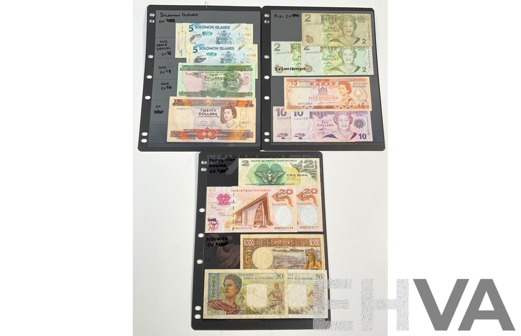 Collection of Pacific Banknotes Including Fiji, Papua New Guinea, Noumea, Solomon Islands, Two to Twenty Dollars