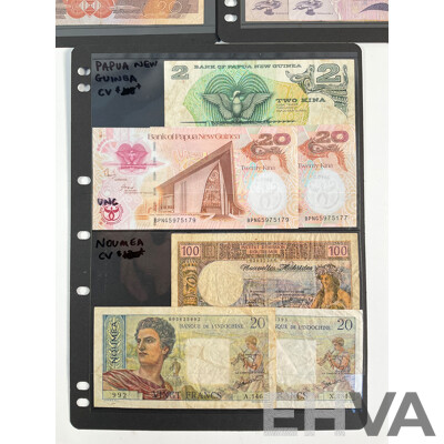 Collection of Pacific Banknotes Including Fiji, Papua New Guinea, Noumea, Solomon Islands, Two to Twenty Dollars