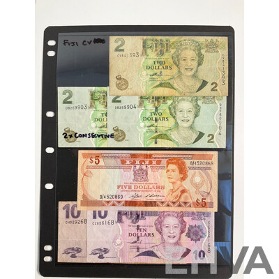 Collection of Pacific Banknotes Including Fiji, Papua New Guinea, Noumea, Solomon Islands, Two to Twenty Dollars