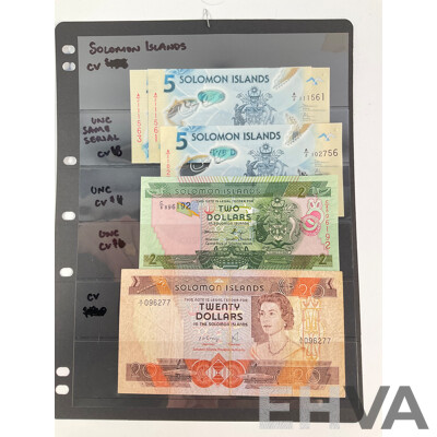 Collection of Pacific Banknotes Including Fiji, Papua New Guinea, Noumea, Solomon Islands, Two to Twenty Dollars
