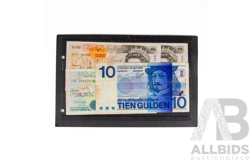 United Kingdom Banknotes Including Twenty Pound, Three 1992 Ten Pound, Two Five Pound, Netherlands Ten Gulden Note