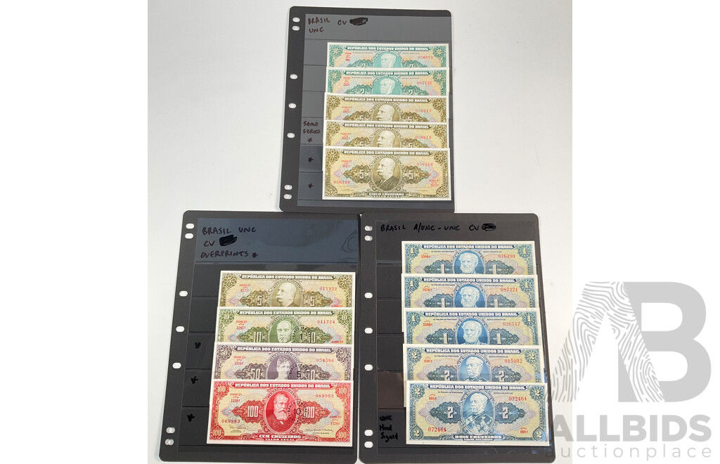 Collection of Vintage Brazil Banknotes Including Overprints and Hand Signed Inspected