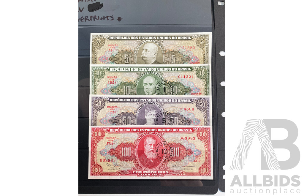 Collection of Vintage Brazil Banknotes Including Overprints and Hand Signed Inspected