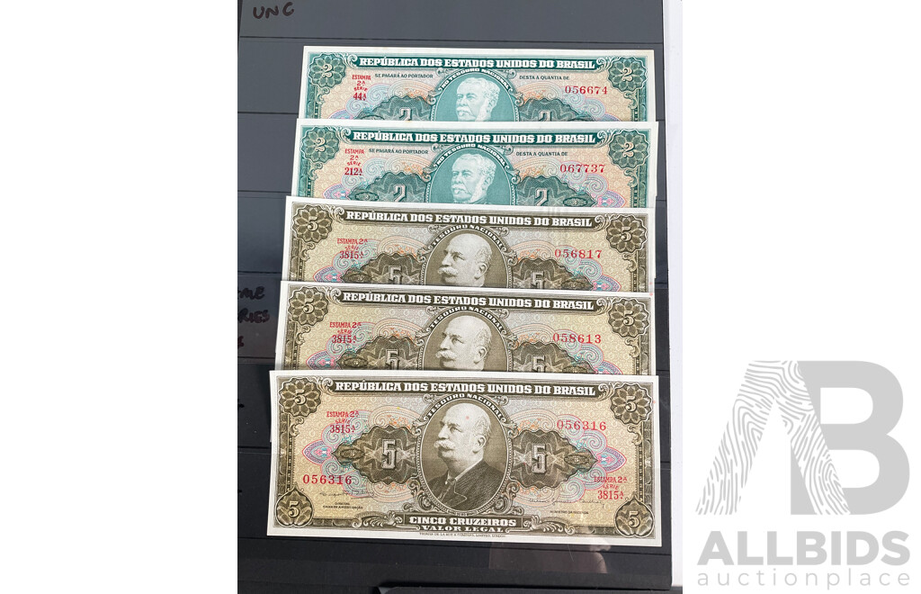 Collection of Vintage Brazil Banknotes Including Overprints and Hand Signed Inspected