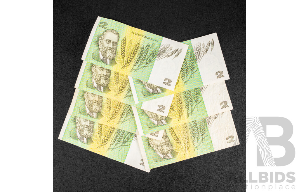 Seven Australian 1985 Two Dollar Notes, Johnston/Fraser, Several with Security Thread Variations