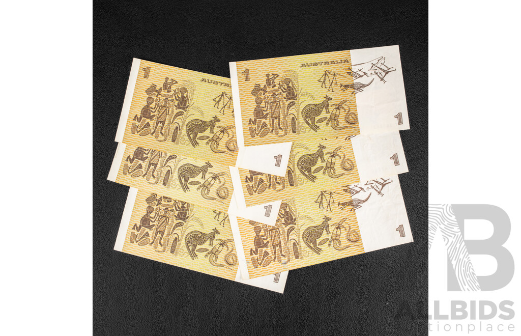 Six Australian 1982 One Dollar Notes, Johnston/Stone, Several with Security Thread Variations