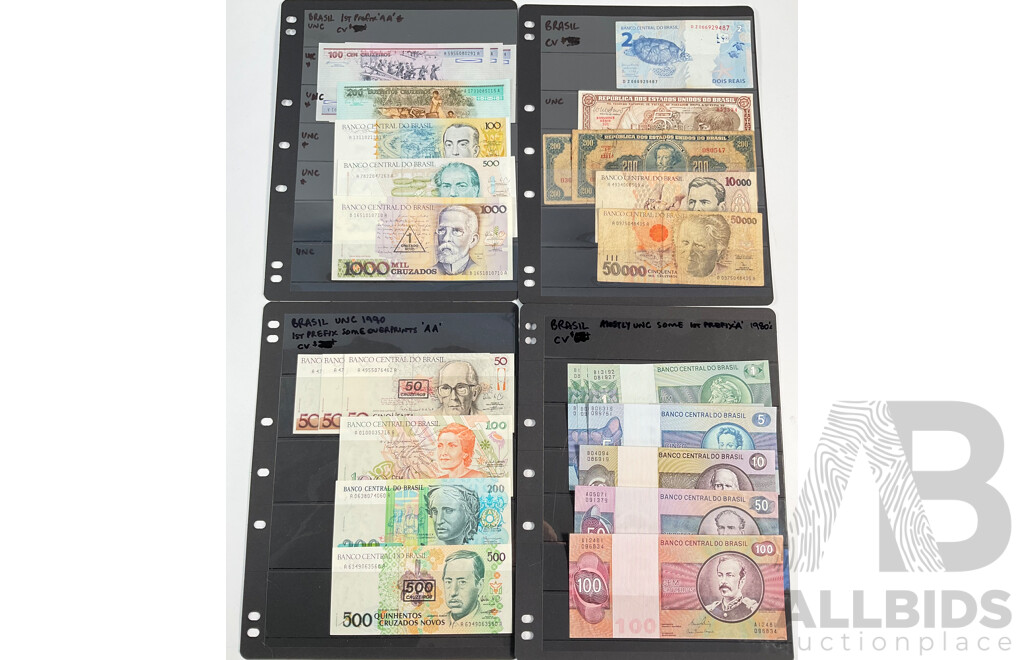 Collection of Vintage Brazil Banknotes Including 1960's Two Hundred Cruzeiros and Overprints