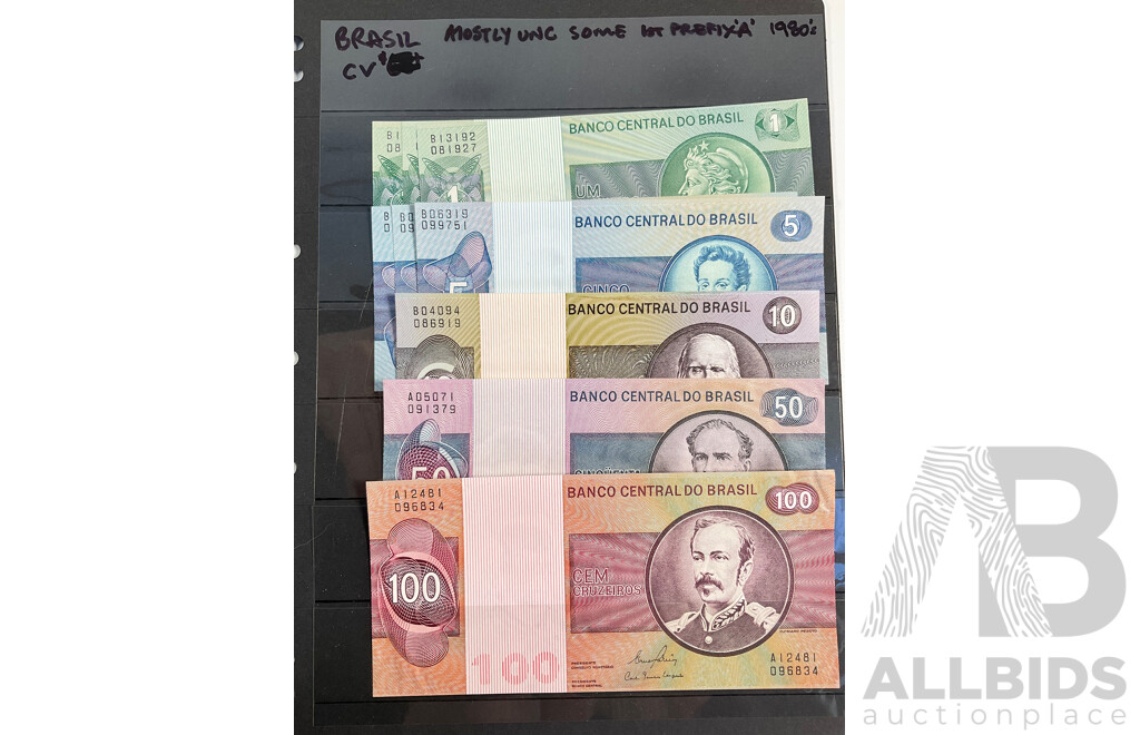 Collection of Vintage Brazil Banknotes Including 1960's Two Hundred Cruzeiros and Overprints
