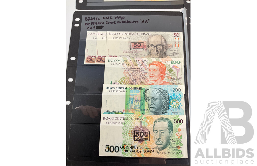 Collection of Vintage Brazil Banknotes Including 1960's Two Hundred Cruzeiros and Overprints